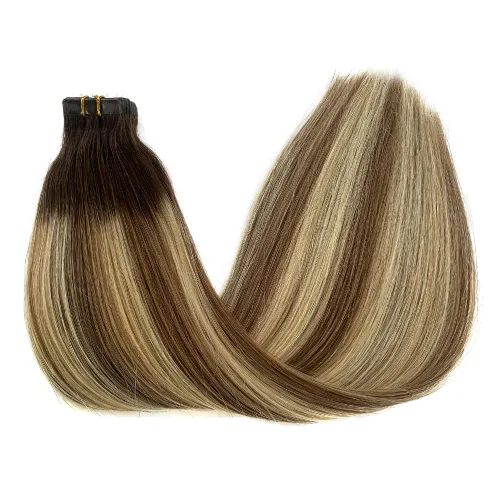 Miniatura 25 de Extensiones de cabello cosidas de cabello humano real, balayage de negro brillante a rubio dorado, paquete de extensiones de cabello humano