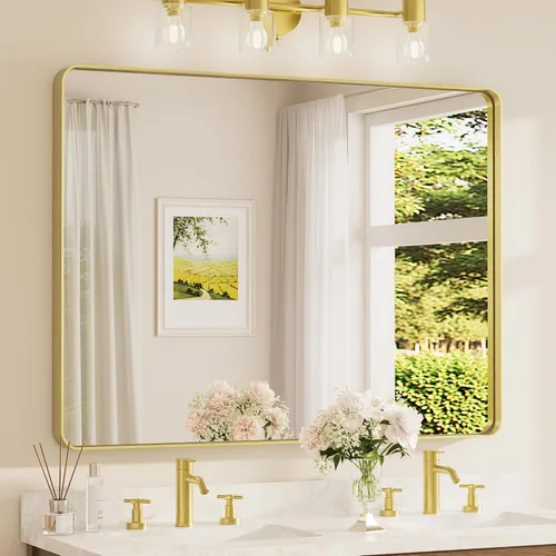 Miniatura 41 de TETOTE Espejo de marco dorado cepillado de 16 x 24 pulgadas, espejo de tocador de baño de latón dorado para pared, espejo enmarcado rectangular
