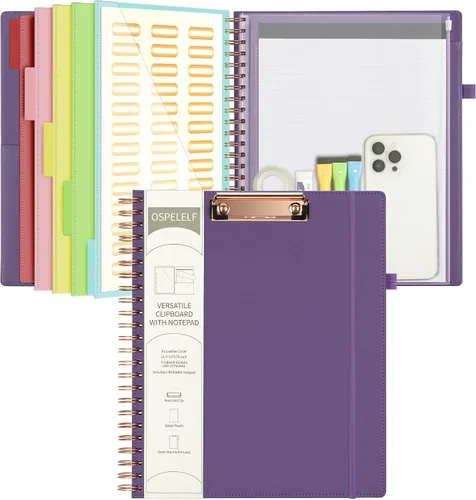 Miniatura 9 de Portapapeles de cuero Ospelelf con portafolio y bolsa con cremallera de almacenamiento, portapapeles espiral con bloc de notas para tamaño carta, 5
