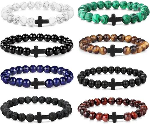 sailimue 8 pulseras de cuentas cruzadas para mujeres y hombres, 0.315in, ojo de tigre, piedra de lava, piedra de roca de lava, elástica, juego de