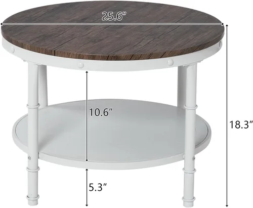 Miniatura 2 de VINGLI - Mesa de café de granja redonda de nogal oscuro y blanco de 25.6", mesa de centro con 2 estantes de almacenamiento para sala de estar