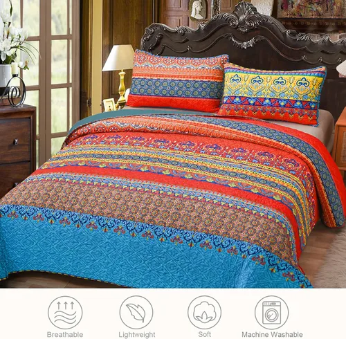 Miniatura 2 de Exclusivo Mezcla - Juego de edredón reversible de estilo bohemio tamaño Queen, colcha azul ligera, cubrecama para todas las estaciones