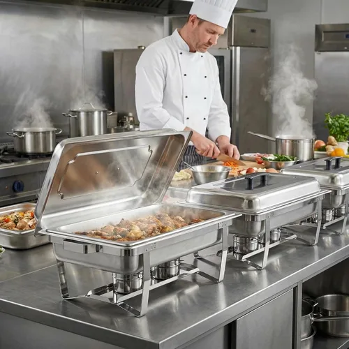 Miniatura 6 de Recipientes Calentadores para Buffet Paquete de 4, Juego de Recipientes Calentadores de Buffet de Acero Inoxidable de 9 Cuartos con Marco Plegable