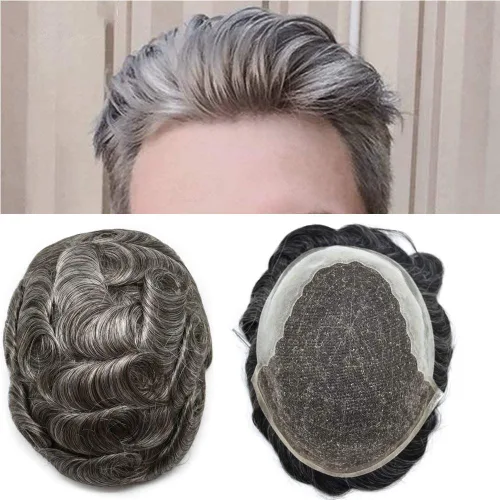 Miniatura 44 de Toupee para hombres, sistema de reemplazo de cabello humano Remy, nudos blanqueados, encaje frontal, piel fina, para hombre, color gris, pelucas