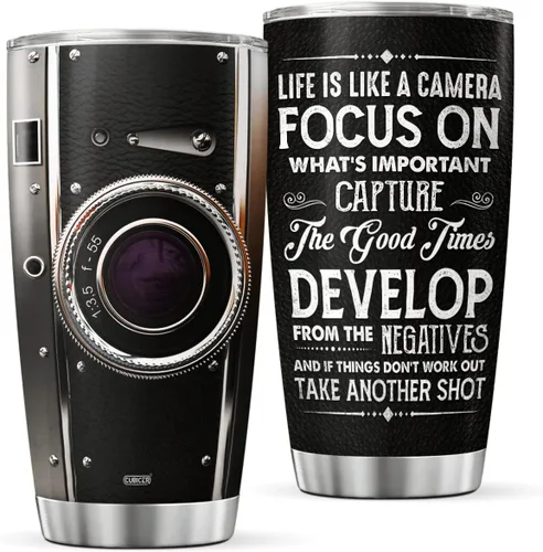 CUBICER Taza de fotógrafo de acero inoxidable de 20 oz con pared doble, taza de viaje para hombres, taza de café con tapa, edición de fotos, regalos