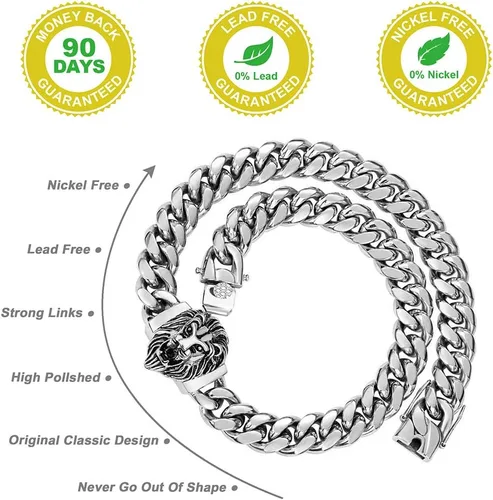 Miniatura 15 de Cadena de eslabones cubanos para hombre, gargantilla de león, collar de plata Hip Hop de 18 pulgadas, 20 pulgadas y pulsera de 8.5 pulgadas, juego