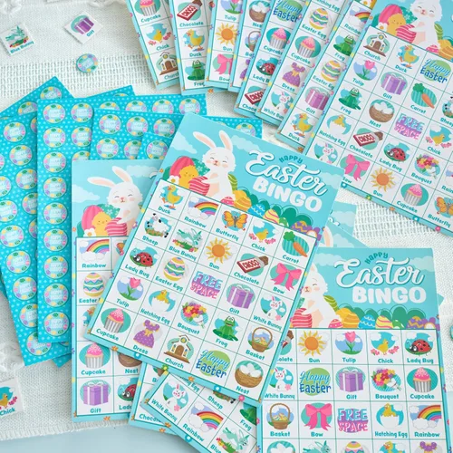Miniatura 5 de JOYIN Tarjeta de bingo de Pascua para 28 jugadores (5 x 5) con color azul para niños, niñas y adultos, juegos de Pascua, actividades escolares