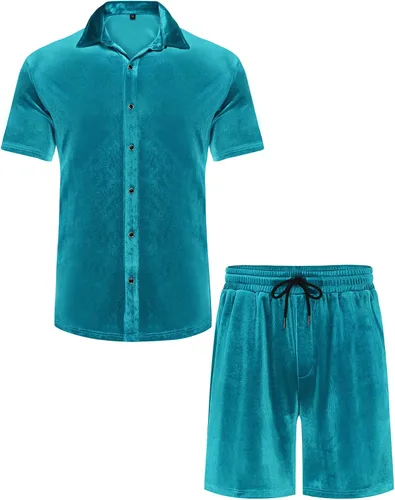 Miniatura 4 de LecGee Conjunto de pantalones cortos casuales de verano para hombre, camisa de terciopelo de manga corta con botones, pantalones cortos de cintura