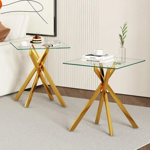 Miniatura 12 de Mesa auxiliar pequeña de vidrio con patas de metal negro, moderna mesa auxiliar cuadrada de vidrio templado transparente con diseño elegante