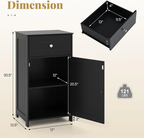 Miniatura 3 de Giantex Armario de almacenamiento de baño de piso, gabinete independiente con cajón, puerta, estante ajustable, dispositivo antivuelco, organizador