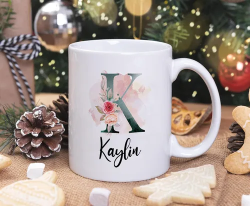 Miniatura 5 de PREZZY Taza personalizada con letra K con inicial, monograma personalizado, taza de café floral, regalos para mujeres, hombres, familiares, amigos