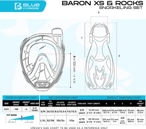Miniatura 5 de Cressi Kit de snorkel junior para niños de 6 a 12 años - Máscara facial completa + aletas ajustables + equipo ligero colorido - Baron Jr & Rocks