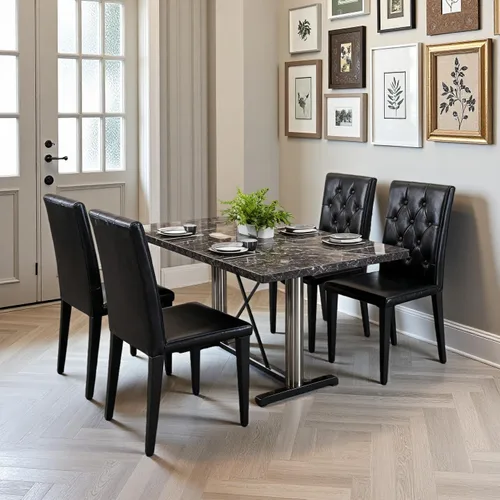 Miniatura 7 de Juego de 4 sillas de comedor negras, modernas sillas de comedor tapizadas con patas de metal negro, cómodas sillas Parsons de piel sintética