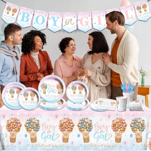 Miniatura 4 de Baby Bear - Vajilla de revelación de género, 122 piezas, platos y servilletas, tazas, mantel de oso para niños o niñas, suministros de fiesta