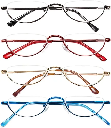 Miniatura 15 de REAVEE 4 unidades de gafas de lectura de aleación de diseño retro de media luna para mujeres y hombres, con marco medio, bisagra de resorte, Negro