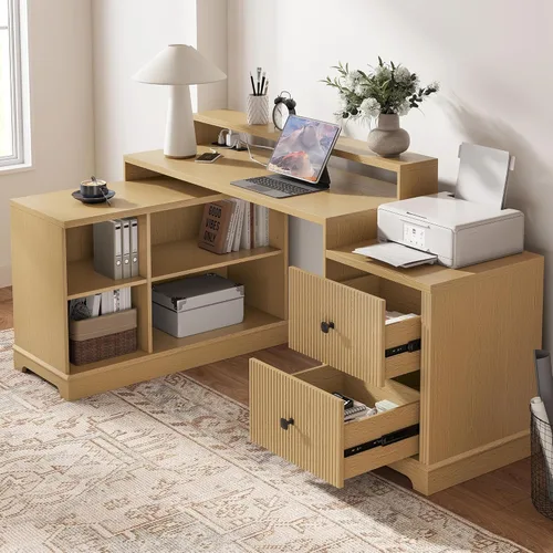 Miniatura 4 de 67" L Shaped Executive Desk with Drawers & Storage Shelf, Corner Computer Desk with Power Outlets, Home Office Desk with Monitor Stand, Printer