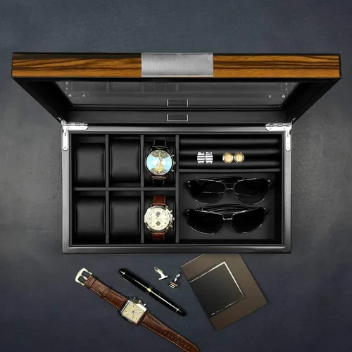 Miniatura 5 de Lifomenz Co Caja de joyería de reloj para hombre con 6 ranuras, 6 fundas de reloj, 8 pares de gemelos y lentes de sol, organizador grande de madera