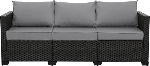 Miniatura 10 de Rattan Star Muebles de exterior, sofá de 3 plazas, sofá de mimbre marrón para exteriores, asiento profundo, respaldo alto, sofá de patio con cojines