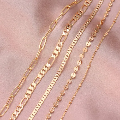 Miniatura 5 de Delicada pulsera de cadena de oro en capas para mujer, chapada en oro de 14 quilates, hecha a mano, ajustable, cuentas de satélite, ovaladas