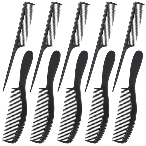 Juego de 10 peines de fibra de carbono negro de alta calidad para mujeres y hombres, peines profesionales de dientes finos y anchos para burlas,