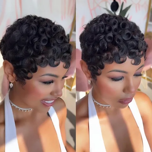 Miniatura 24 de PangDongLai Pelucas de cabello humano con corte Pixie para mujeres negras, pelucas de corte Pixie en capas con flequillo, sin pegamento, cabello