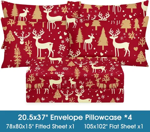 Miniatura 3 de BYSURE Juego de sábanas estampadas de reno y árbol de Navidad, 6 piezas (tamaño King, árbol de Navidad), ropa de cama de microfibra con bolsillo