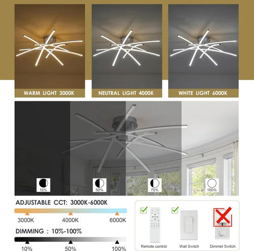 Miniatura 3 de Lámpara de Techo Semiempotrada, Candelabro LED Regulable de 32.8" Luminaria de Techo Moderna Regulable con Control Remoto de 6 Luces para Sala
