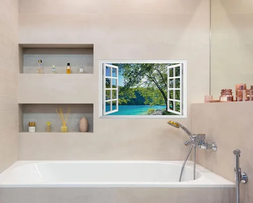 Miniatura 5 de FLFK Adhesivo de Pared de Ventana Falsa - Lagos en la Selva Mural de Pared de Ventana Falsa para Decoración de Pared, Calcomanías de Pared