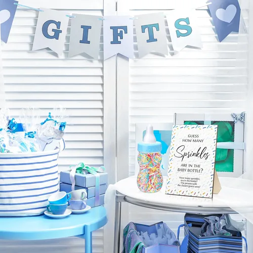 Miniatura 6 de Qilery 122 piezas de juegos de baby shower Adivina cuántos gránulos incluidos, letrero de pie, 100 tarjetas de adivinanza, 20 lápices, 1 biberón