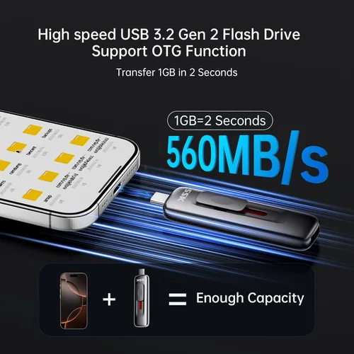 Miniatura 3 de SSK USB Drive 128GB, hasta 560 MB/s Velocidad de Lectura Pendrive, Memoria Rápida con USB 3.2 Gen 2 Dual Deslizante FlashDrive Tipo-c +A? SSD
