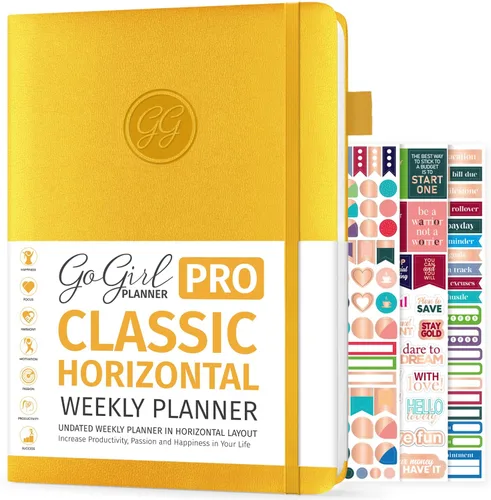 GoGirl Planner Pro: Agenda semanal y organizador con diseño horizontal + páginas de seguimiento de presupuestos y gastos, diario de objetivos, sin