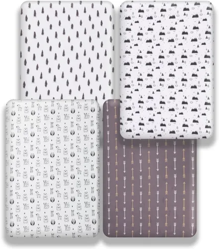 Miniatura 4 de Juego de 4 sábanas bajeras para cuna con animales del bosque de madera, neutras, unisex, para bebés niños o niñas, de dibujos animados Blanco