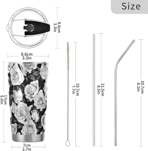 Miniatura 3 de Taza de acero inoxidable simple rosa en blanco y negro con tapa de pajilla, taza de café de viaje aislada para bebidas calientes y frías, taza