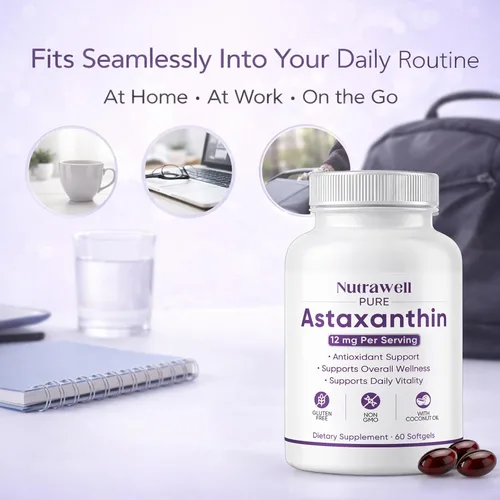 Miniatura 5 de NutraWell Astaxantina 12 mg, con aceite de coco, suplemento de apoyo antioxidante, sin OMG, sin gluten, 60 cápsulas blandas