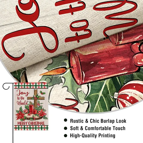 Miniatura 3 de Artofy Bandera de jardín decorativa pequeña cristiana de Feliz Navidad, cruz religiosa, flor de pascua, decoración exterior de césped, vela