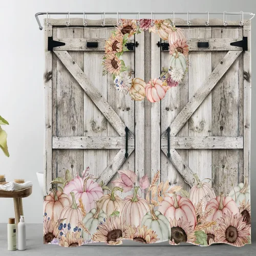Miniatura 11 de Cortina de ducha con puerta de granero occidental para baño, lavanda púrpura y verde corona de eucalipto en tableros de madera rústica, cortina