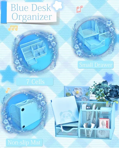 Miniatura 2 de 23 accesorios de escritorio azules y organizadores con organizador de malla, calculadora dispensadora de cinta y un montón de suministros de oficina
