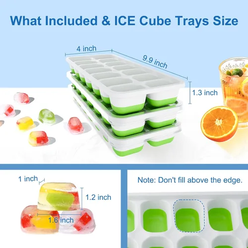 Miniatura 7 de Bandeja para cubitos de hielo, bandejas para cubitos de hielo para congelador, paquete de 3 con tapas, bandeja de hielo de fácil liberación, Verde