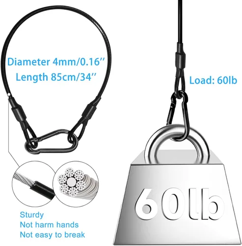Miniatura 2 de Paquete de 4 cables de seguridad colgantes de cadena negra con abrazaderas de gancho para luces, cordón de acero inoxidable, cadenas de seguridad