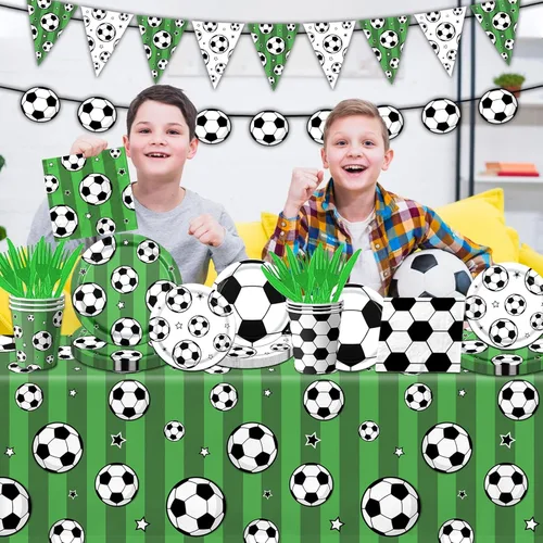 Miniatura 5 de Juego de vajilla para fiesta de fútbol, 142 piezas de platos y servilletas para fiesta, incluye bandera, platos, vasos, servilletas, mantel