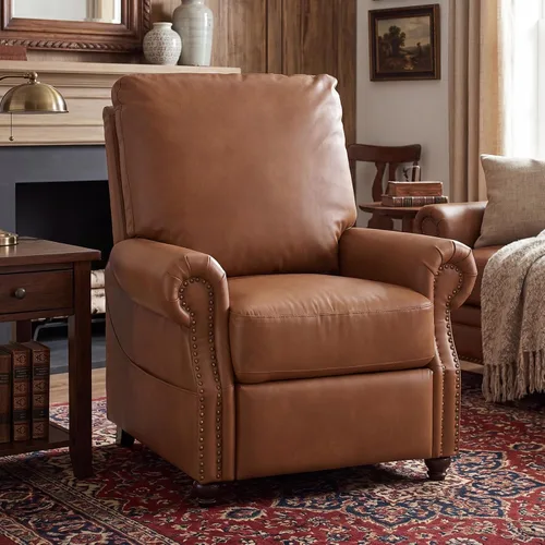 Miniatura 10 de Sillón reclinable con masaje y calefacción, silla reclinable de cuero transpirable con respaldo sobrerelleno y decoración de remaches, sofá Marrón