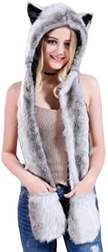 HomDSim Anime Spirit - Sudadera con capucha de animal, sombrero de piel sintética con bufanda cálida, guantes de orejas y patas