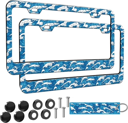 Miniatura 33 de 2 piezas Marco de matrícula azul con diseño de bosque montañoso para mujeres, marcos de etiqueta decorativa de coche azul montañoso para chicas