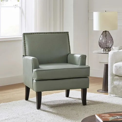 Miniatura 10 de HULALA HOME Silla decorativa moderna de piel sintética, cómoda silla tapizada con ribete de cabeza de clavo, sillón para sala de estar y dormitorio