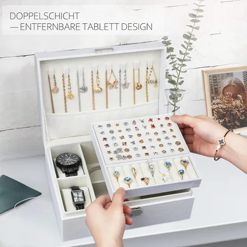 Miniatura 3 de Bailinna Joyero organizador para mujeres y niñas, 2 capas, organizador de joyas de piel sintética, soporte de joyería con candado, bandeja extraíble