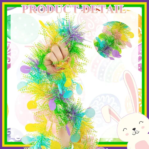 Miniatura 3 de Guirnalda de oropel de Pascua de 33 pies con diseño de huevo de Pascua metálico con confeti, guirnalda colgante de primavera, decoración para árbol