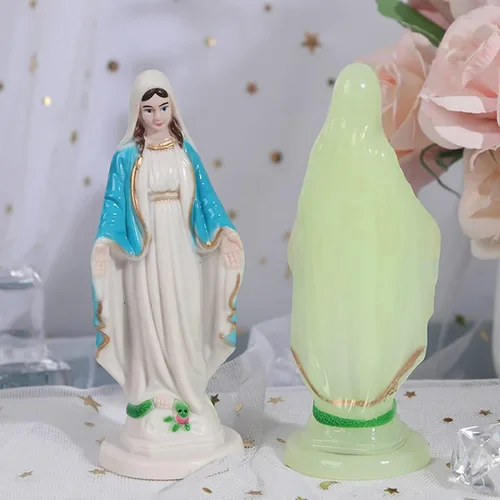 Miniatura 8 de Estatua de plástico Virgen María de 3.94 pulgadas, figura de Nuestra Señora de Gracia, estatuas católicas hechas a mano, decoraciones religiosas Azul