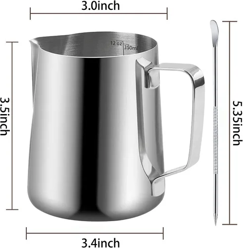 Miniatura 2 de Jarras para espumar leche - 350 ml / 12 oz de acero inoxidable, jarras de vapor para café/leche/capuchino/arte de café con leche, jarra de leche