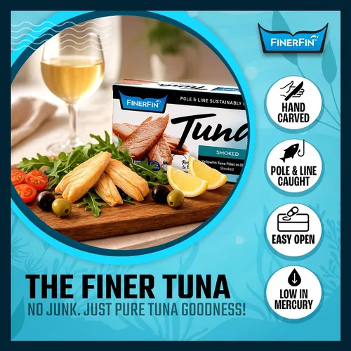 Miniatura 3 de FinerFin Filetes de atún amarillo ahumado en aceite de oliva orgánico (paquete de 12) Atún enlatado premium en aceite de oliva extra virgen