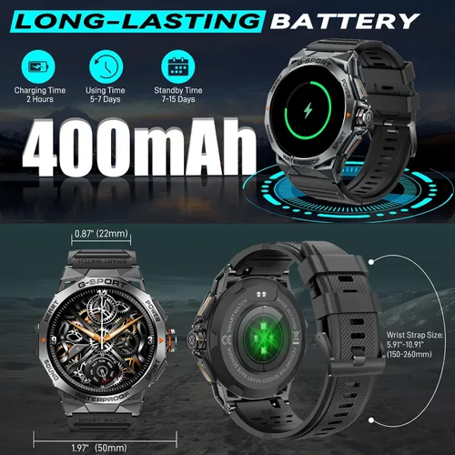 Miniatura 7 de Reloj inteligente militar para hombre, para responder/hacer llamadas de 1.43 pulgadas, AMOLED siempre encendido, reloj inteligente resistente
